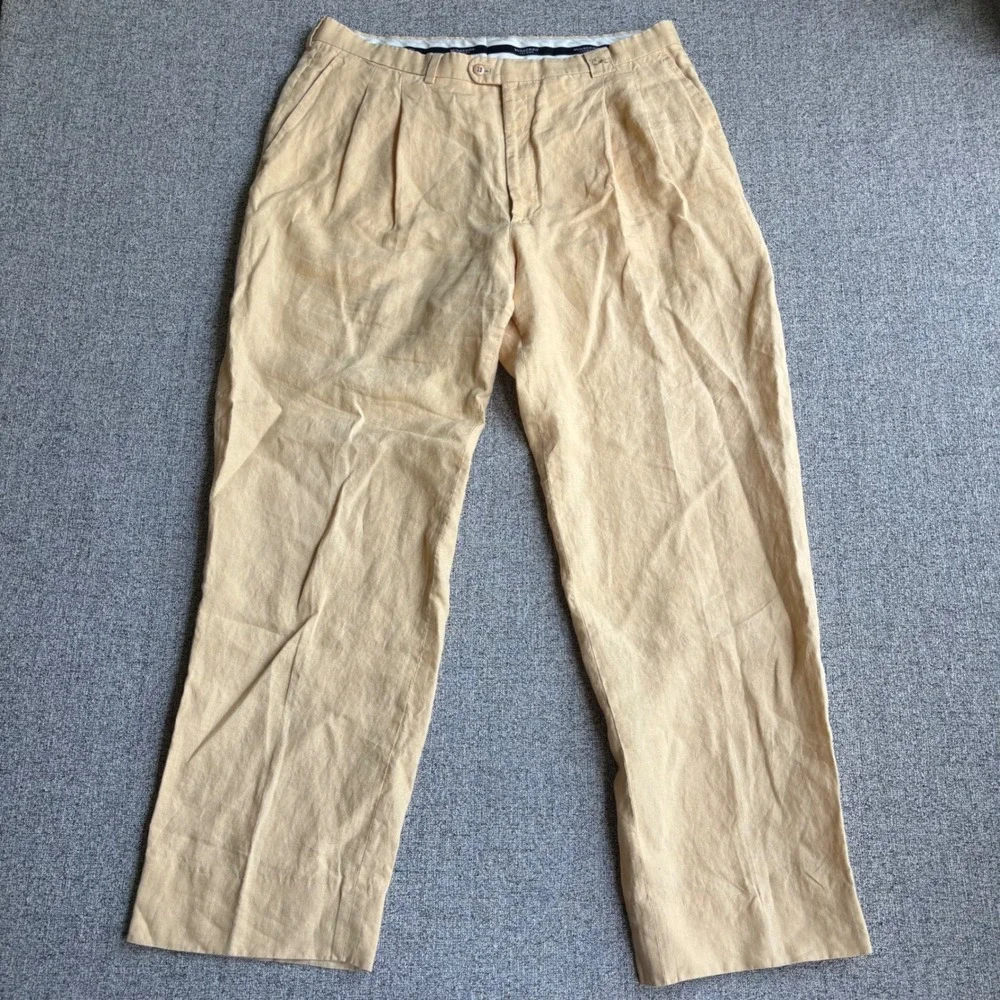 Burberry Pants Mens 36 Yellow Tan London Pleated Linen Straight Leg